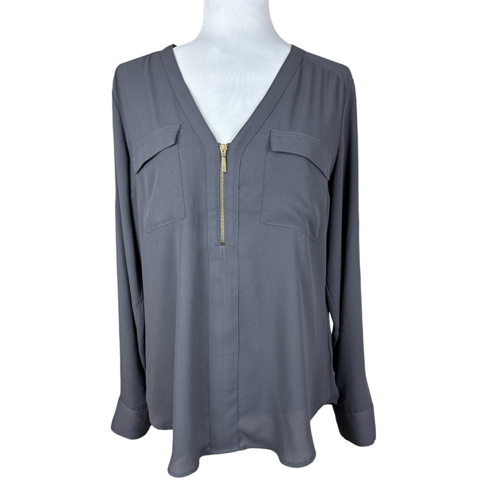Express Women's Elegant Two Pocket Zip Up Long Sleeve 3/4 Blouse Grey M